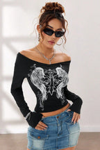 Y2K Gothic Wing V-Neck Long Sleeve T-Shirt