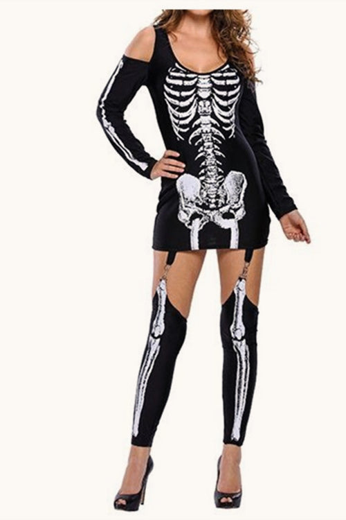 Halloween Skull Print Off-Shoulder Mini Dress