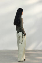 Fitted Textured Pleated Cotton Linen Knit Sweater