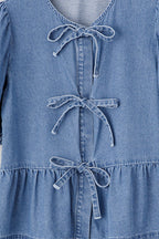 Solid Denim Tie Bow Blouse