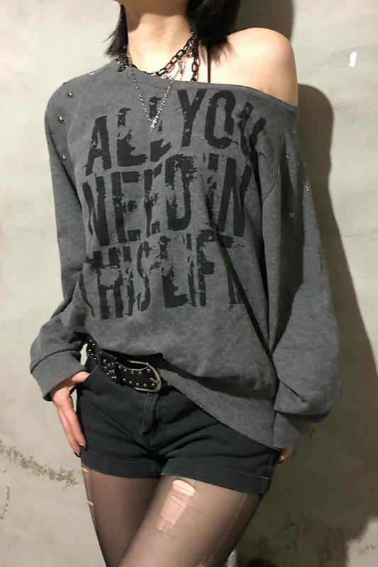 Studded Punk Off-Shoulder T-Shirt