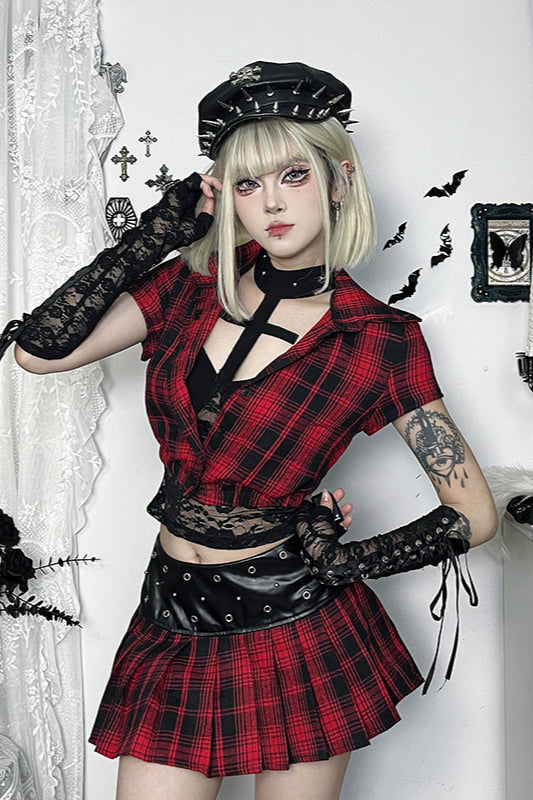 Gothic Red Plaid Short Sleeve Blouse