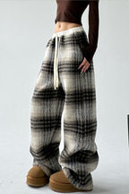 Loose Fit Woolen Plaid Wide Leg Pants