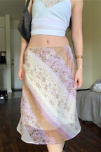 Mesh Spliced Floral Print A-Line Maxi Skirt