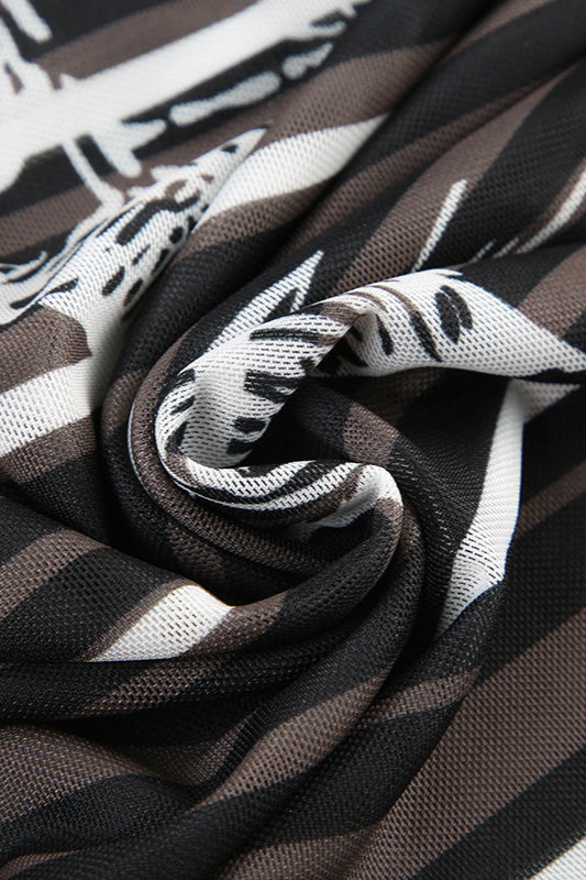 Sexy Mesh Striped Crop Top Skirt Two Pieces Set