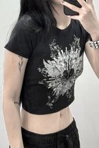 Contrast Print Fitted Crop T-Shirt