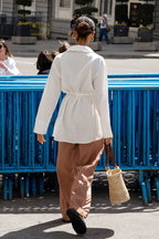 White Long Sleeve Tie Front Linen Blouse