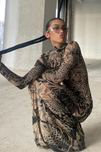 Sheer Floral Mesh High Neck Bodycon Dress