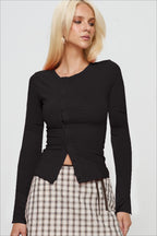 Buttoned Fitted Crew Neck Knit Sweater