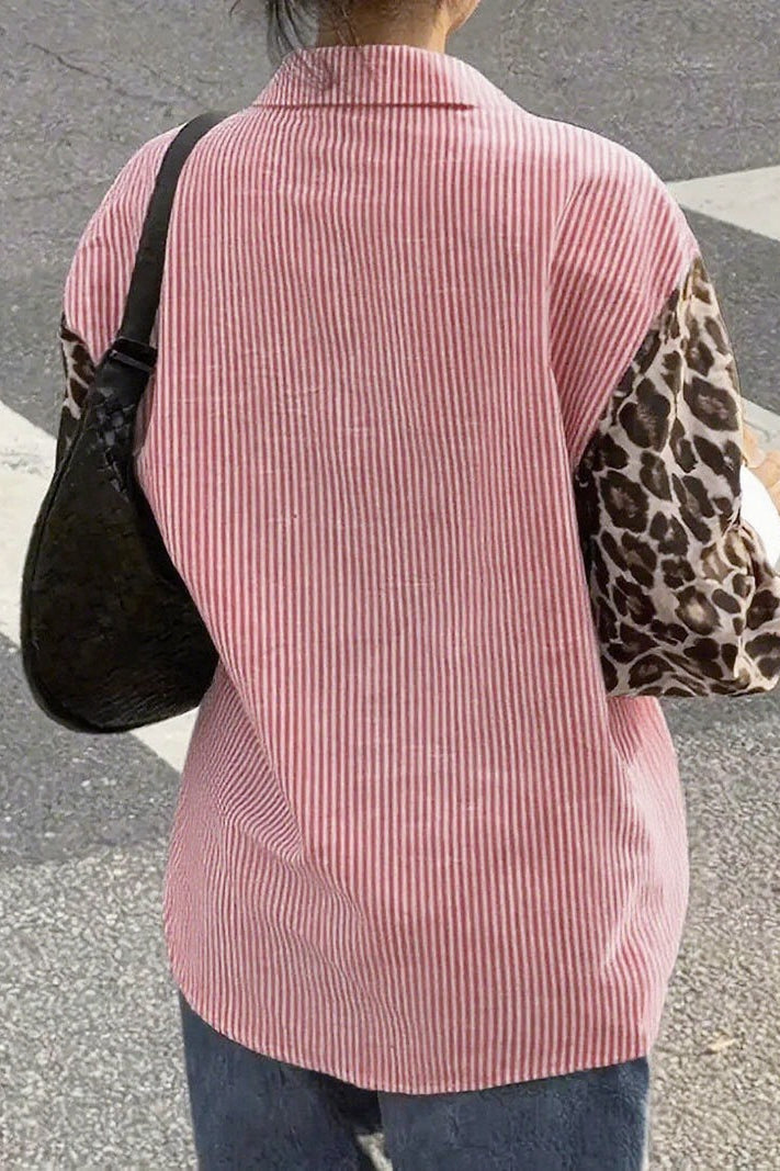 Stripe Leopard Patchwork Long Sleeve Casual Blouse