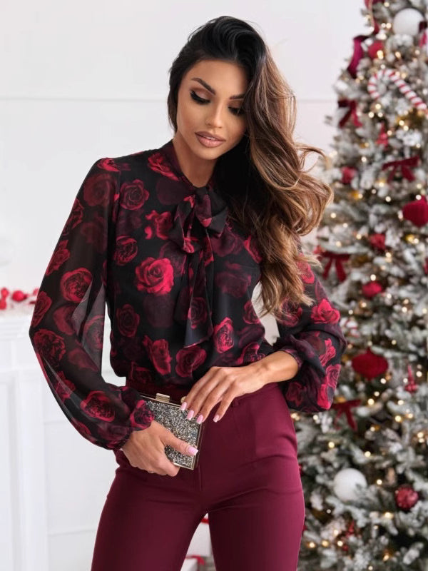 Chiffon Bow Tie Printed Long Sleeve Blouse
