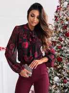 Chiffon Bow Tie Printed Long Sleeve Blouse