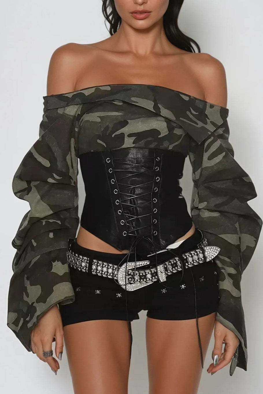 Off Shoulder Camo Print Tie Up  Blouse