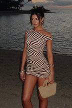 Zebra Print Ruched Drawstring Sleeveless Mini Dress