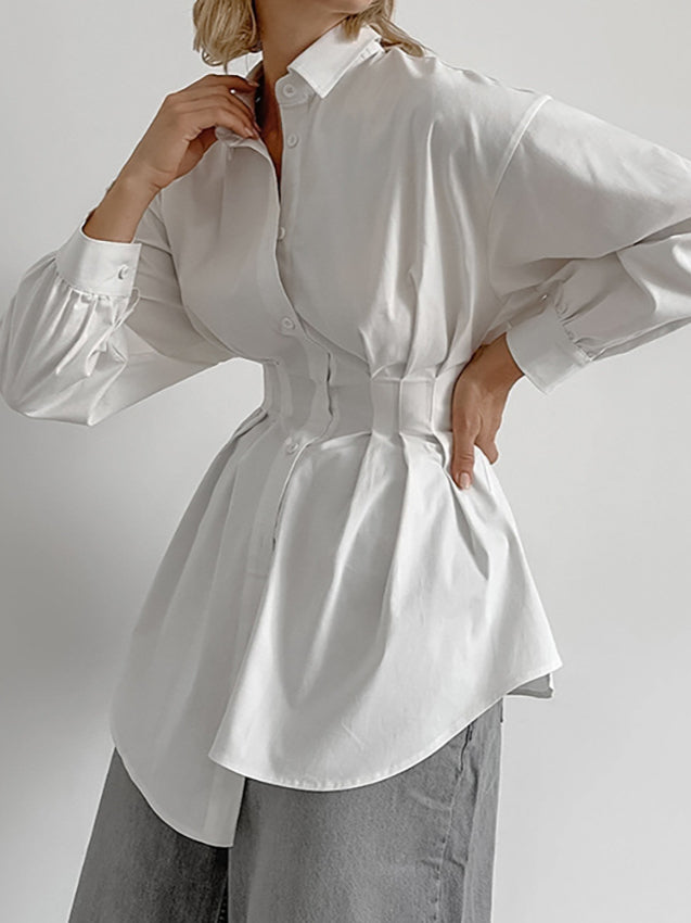 French Chic Long Sleeve Waist-Tied Blouse