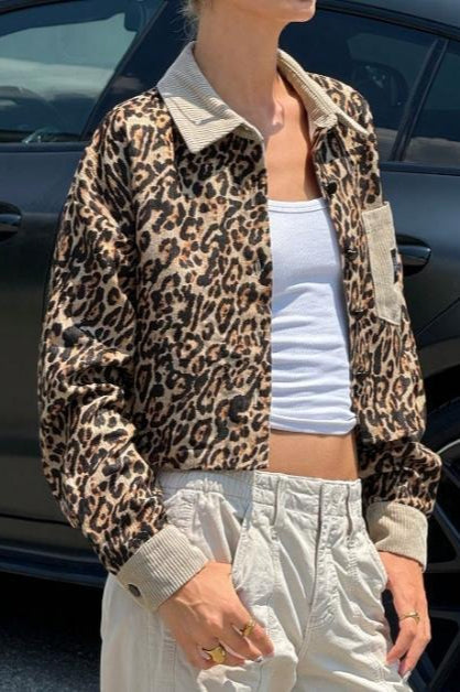 Leopard Print Corduroy Button Coat