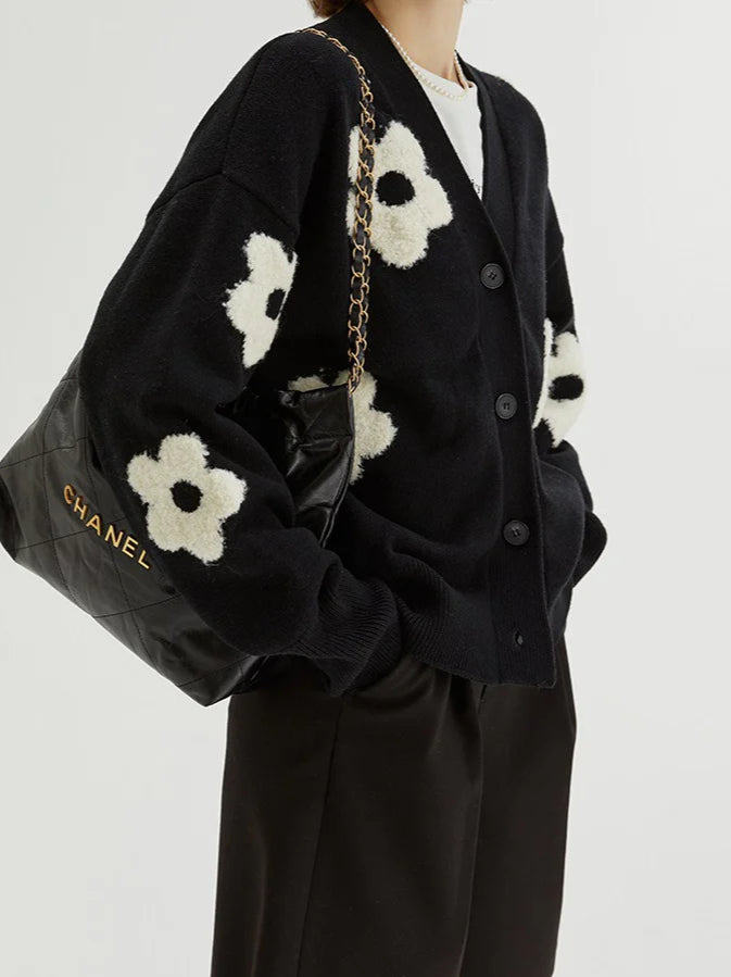 Jacquard Knit V-Neck Cardigan