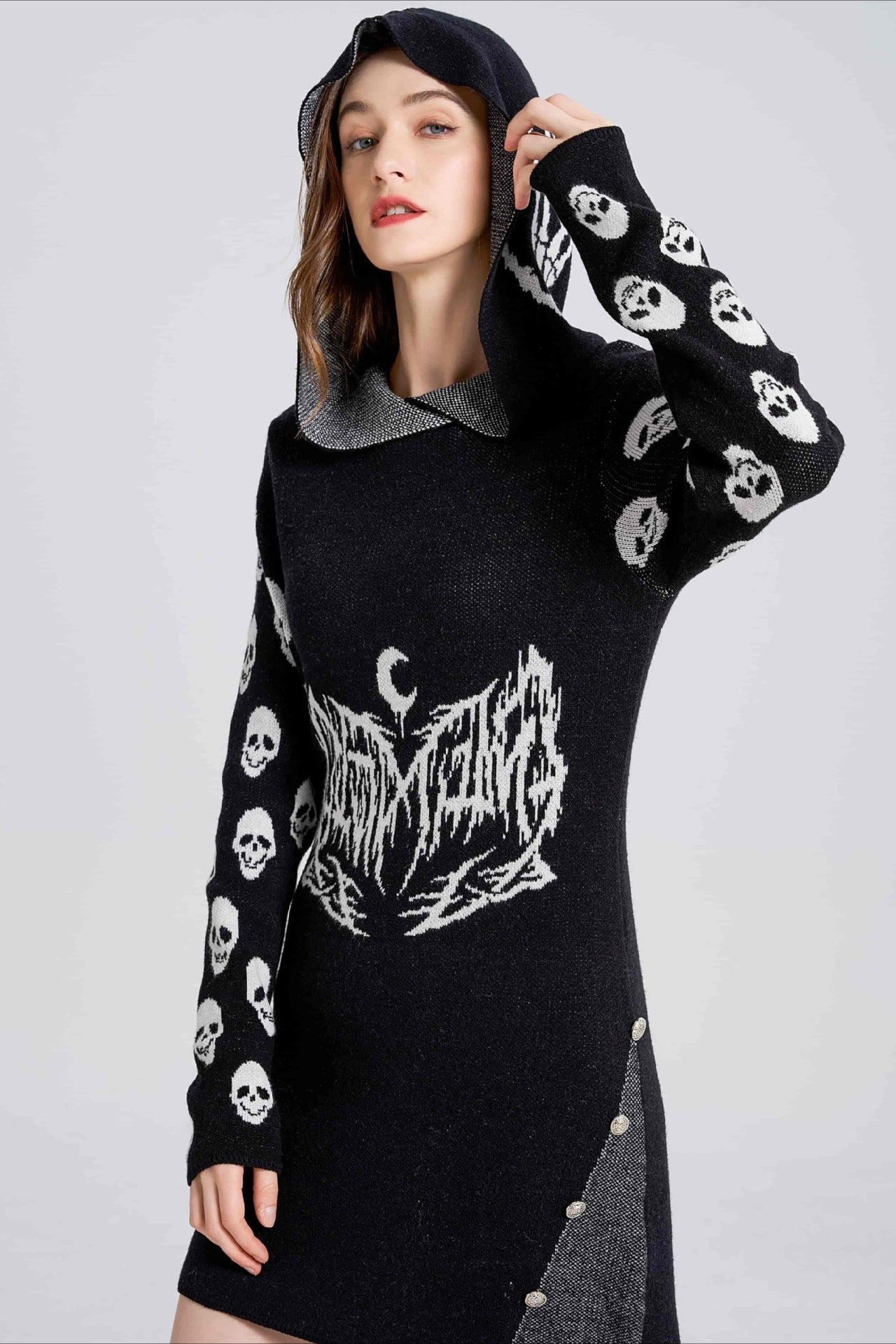 Gothic Skull Hooded Knit Sweater