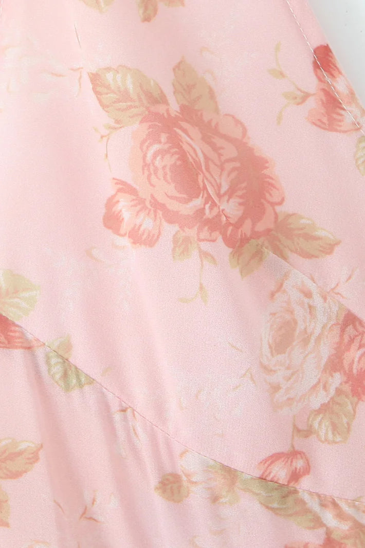 Holiday Pink Flower Print Halter Floral Dress