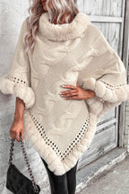 Vintage Cable Knit Fleece-Collar Poncho Coat
