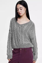 V-Neck Long Sleeve Cable Knit Sweater