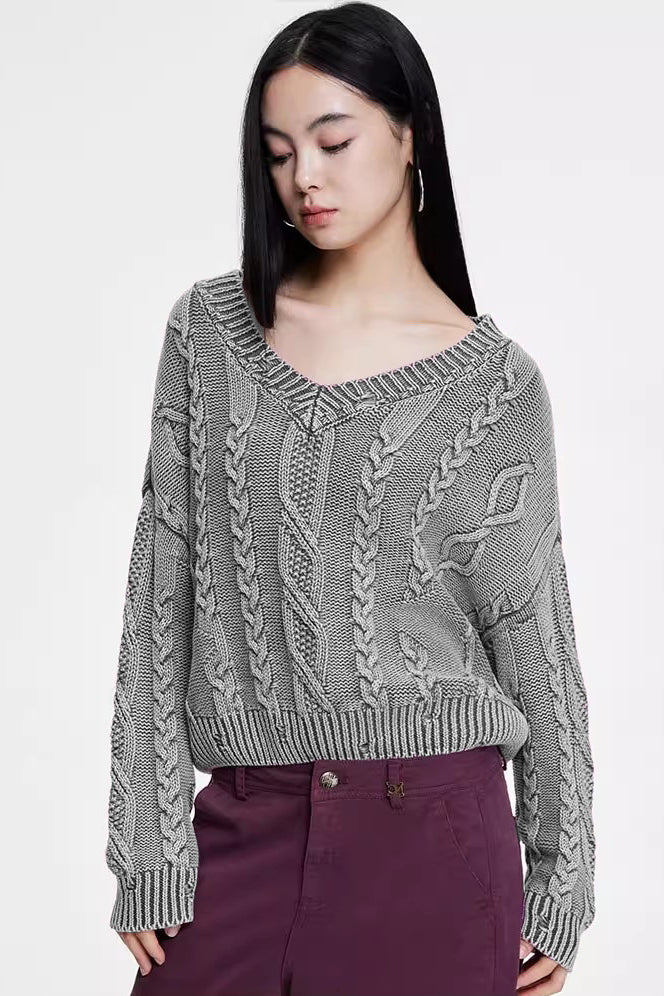 V-Neck Long Sleeve Cable Knit Sweater