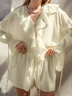 Ruffled Hem Tie Front Cardigan & Shorts Set Blouse