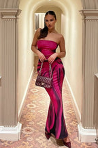 Trendy Striped Print Strapless Bodycon Maxi Dress