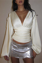 Vintage High Stretch Satin Waist Cinched Blouse