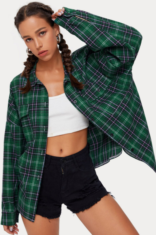 Plaid Stand Collar Button Shirt  Blouse