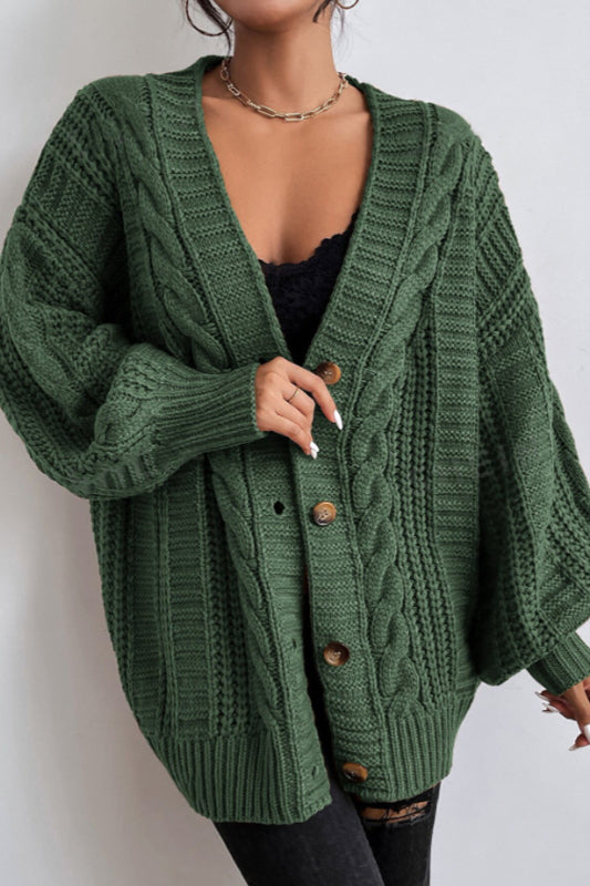 V-Neck Vintage Cable Knit Balloon Sleeve Cardigan