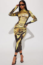 Floral Print High Waist Long Sleeve Bodycon Maxi Dress