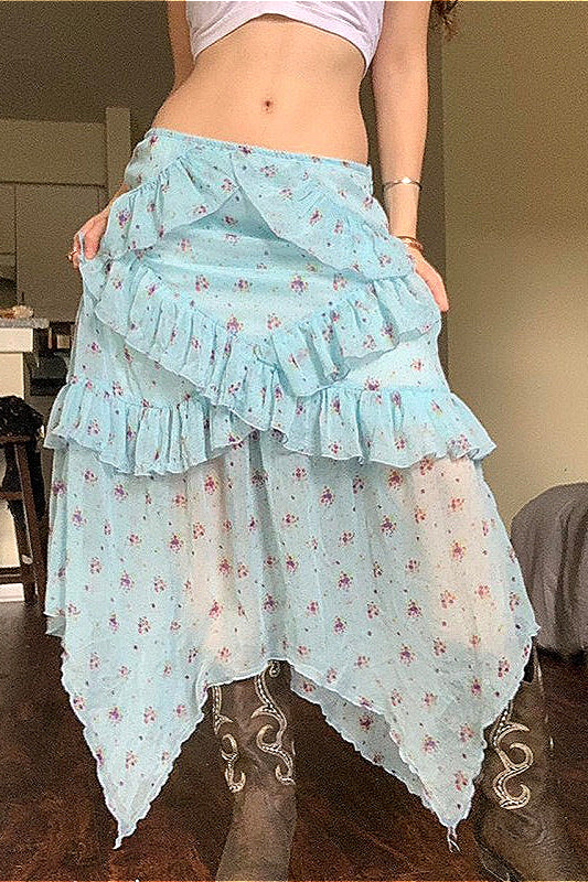 Floral Mesh Low-Waist Asymmetrical Skirt