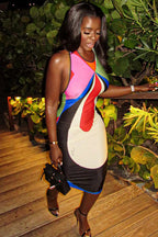 Rainbow Print Backless Halter Maxi Dress