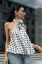 Polka Dot Satin Bow Tie Backless Cami Crop Top