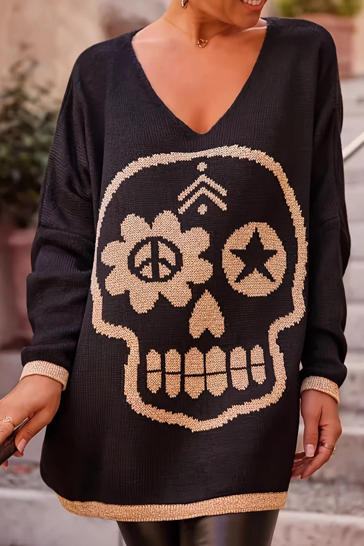 Skull V-Neck Halloween Knit Sweater