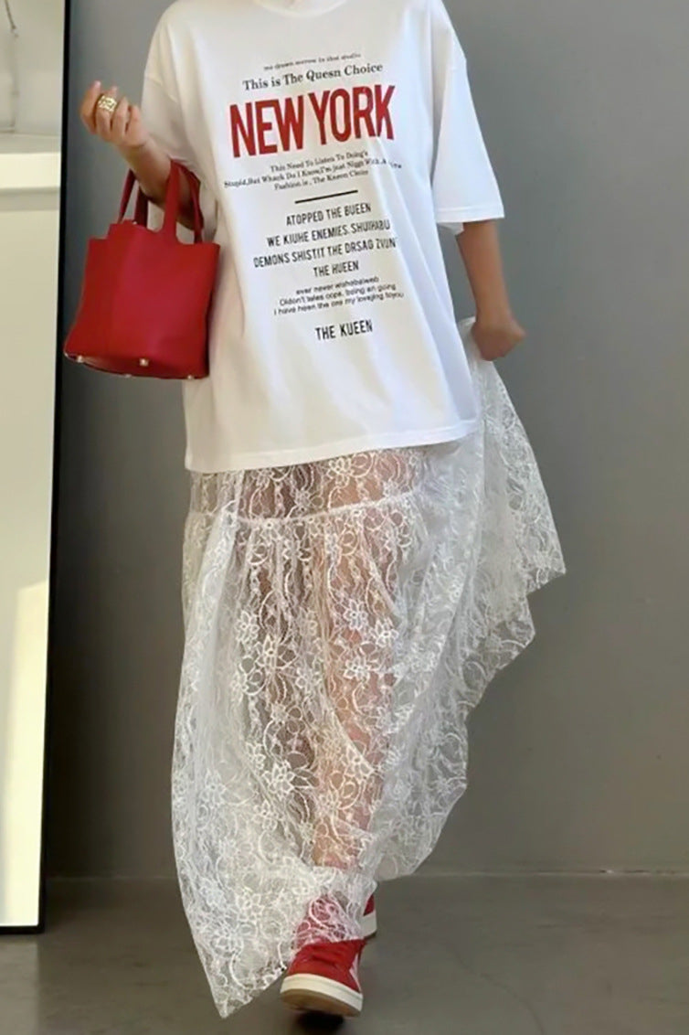 Floral Lace Sheer High-Waist A-Line Skirt