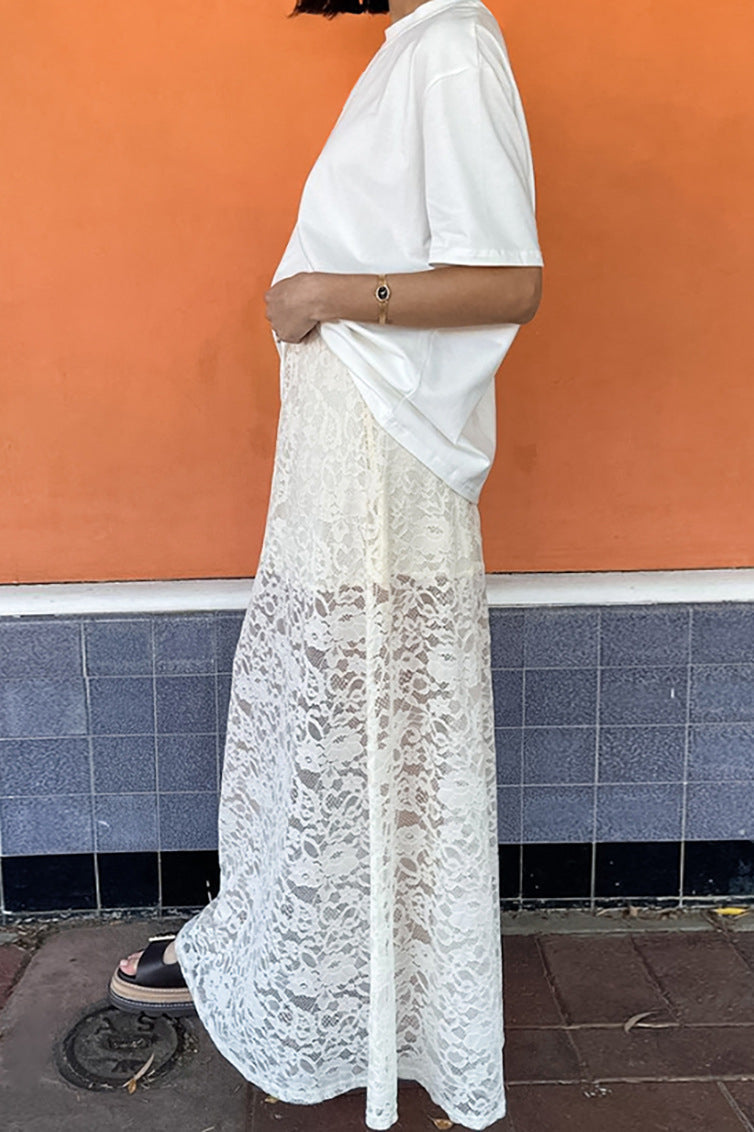 White Lace Sheer High Waist A-Line Skirt