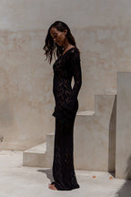 Sheer Knit Turtleneck Maxi Boho Dress