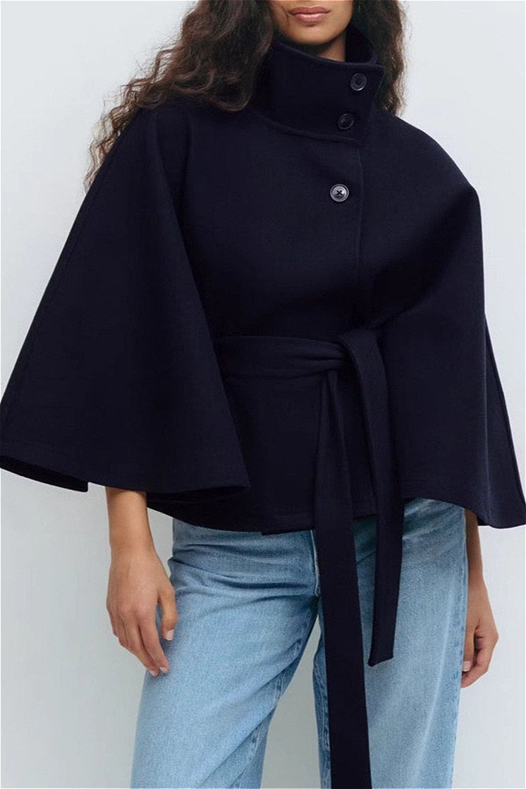 Button Up Stand Collar Cape Coat