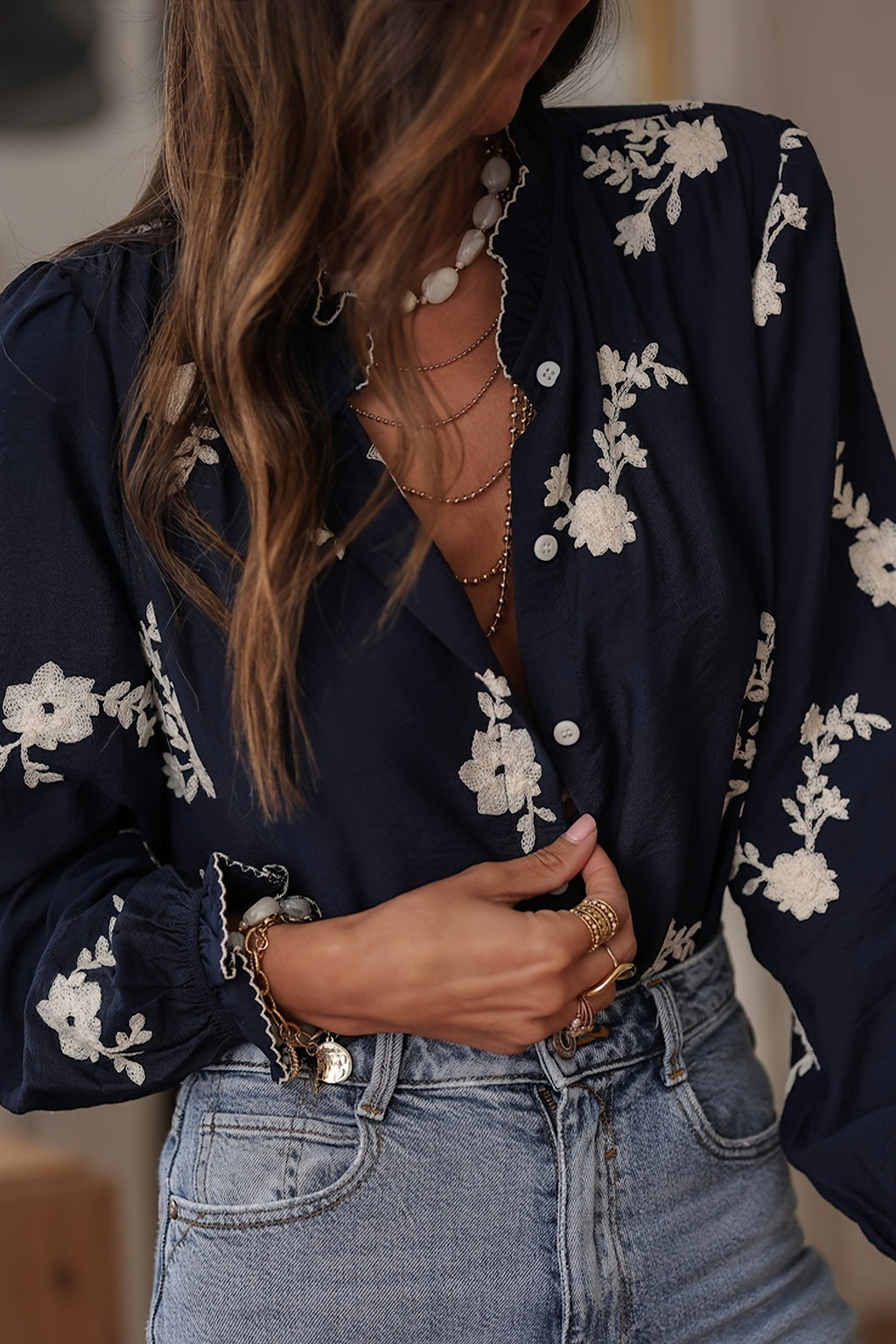 Long Sleeve Printed Lantern Sleeve Blouse