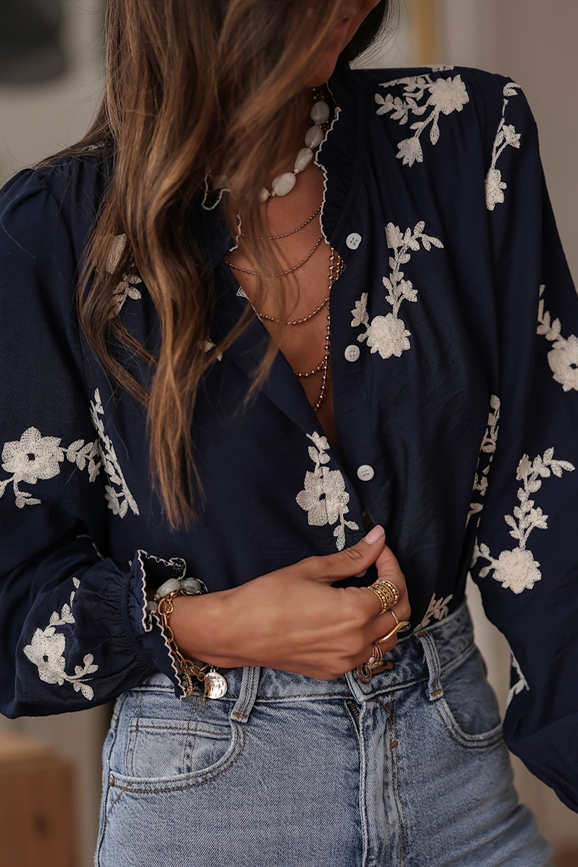 Long Sleeve Printed Lantern Sleeve Blouse