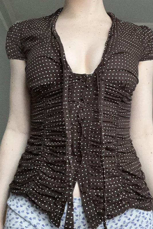 Button Tie Waist Dot Print Blouse