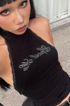 Rhinestone Letter Lace Cami Knit Top