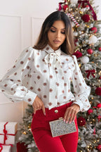 Printed Bow Tie Long Sleeve Blouse
