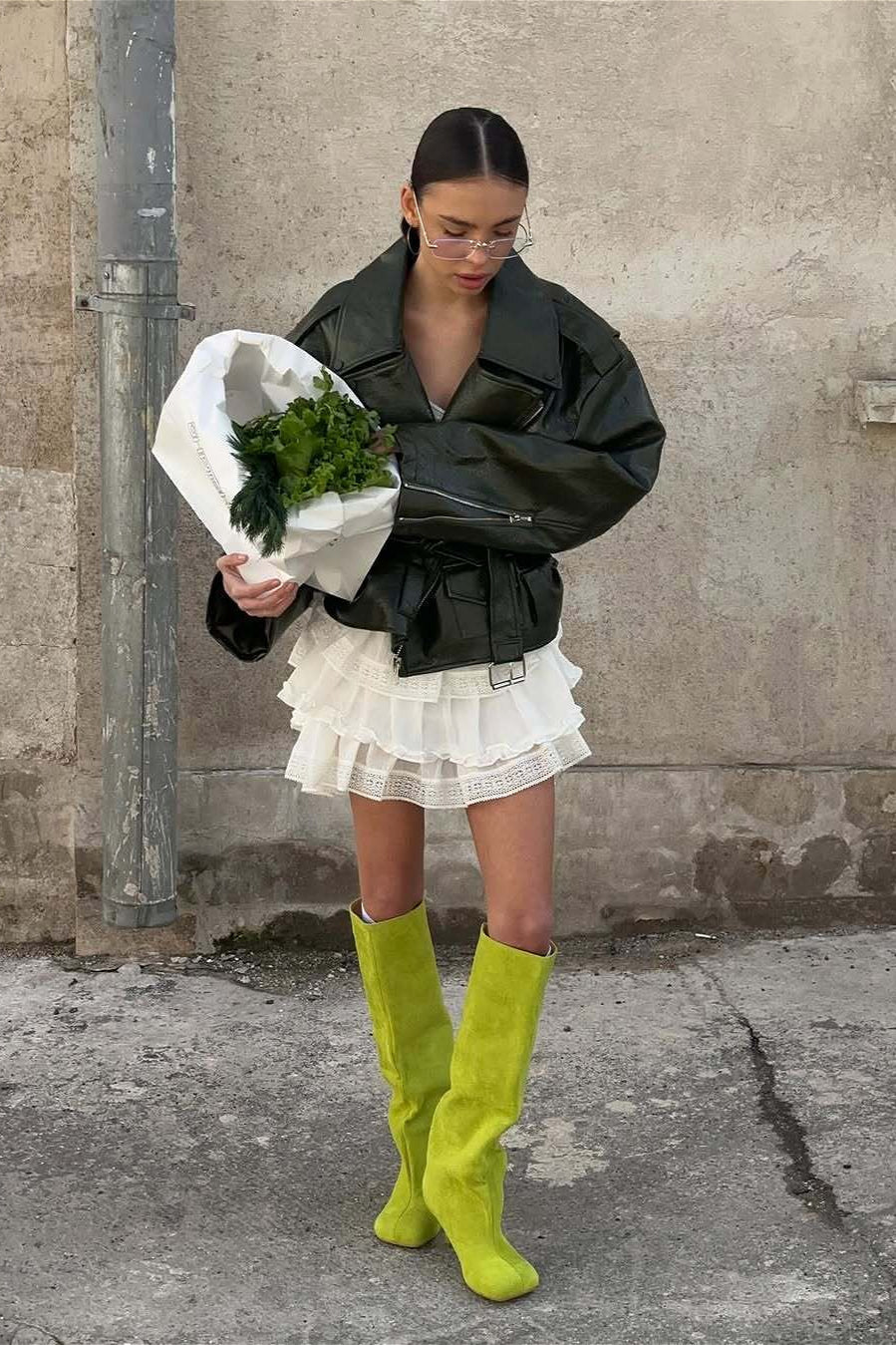 Zip Up Green Leather Moto Jacket