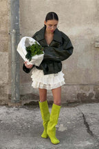 Zip Up Green Leather Moto Jacket