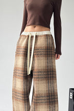 Loose Fit Woolen Plaid Wide Leg Pants