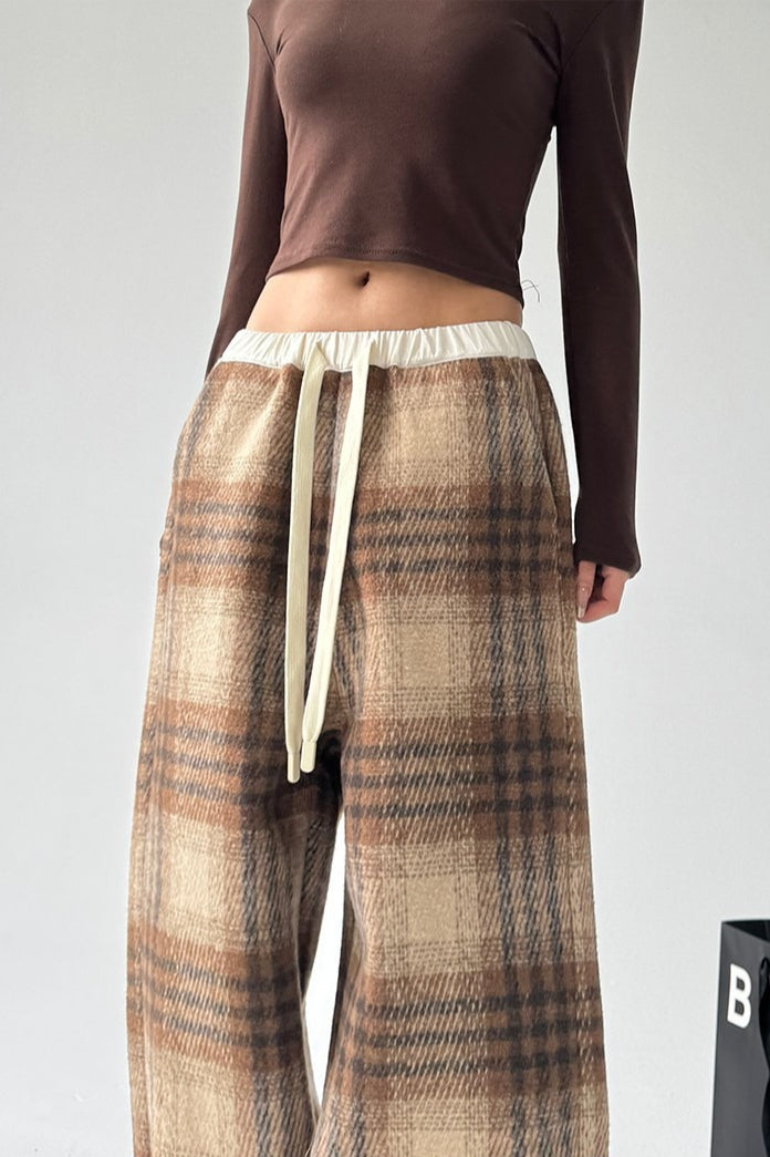 Loose Fit Woolen Plaid Wide Leg Pants