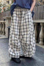 Casual Plaid Ruched Wide Leg Pants